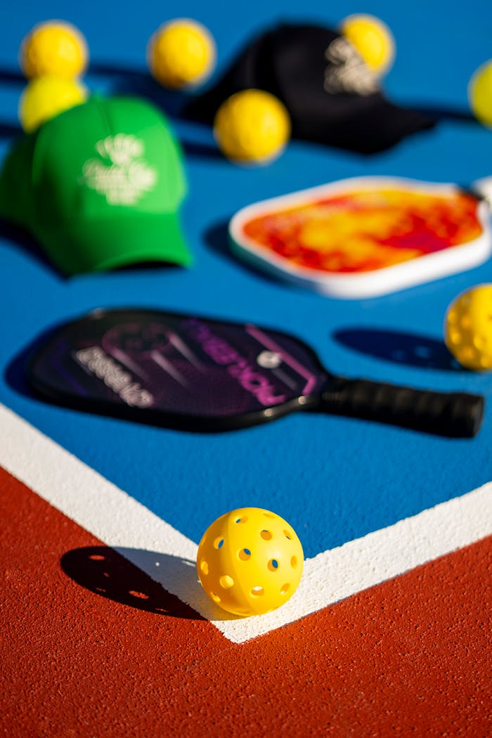 services-02 Colorful pickleball paddles, balls, and hats on a bright outdoor court.